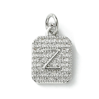 Rack Plating Brass Micro Pave Clear Cubic Zirconia Charms, Long-Lasting Plated, Lead Free & Cadmium Free, Rectangle with Letter Pattern, with Jump Ring, Platinum, Letter Z, 14x9.5x2mm, Hole: 3mm