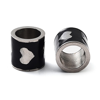 201 Stainless Steel Enamel Beads, Large Hole Beads, Column with Heart, Stainless Steel Color, Black, 11x12mm, Hole: 8.5mm