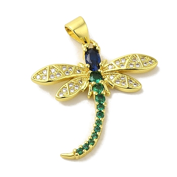 Brass Micro Pave Colorful Cubic Zirconia Pendants, Dragonfly Charms, Real 18K Gold Plated, 25x25x4mm, Hole: 5x3.5mm