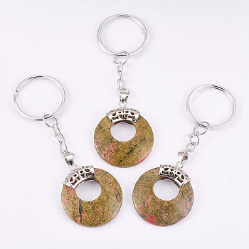 Natural Unakite Keychain, with Platinum Plated Iron Key Rings and Brass Findings, Flat Round, 84mm