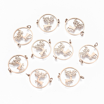 304 Stainless Steel Links Connectors, Laser Cut, Flat Round with Christmas Reindeer/Stag, Rose Gold, 14x17x1mm, Jump Ring: 3x0.4mm, 2.2mm inner diameter