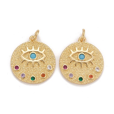 Real 18K Gold Plated Colorful Flat Round Brass+Cubic Zirconia Pendants
