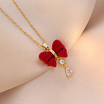 Christmas 304 Stainless Steel Rhinestone and Flocking Fabric Bowknot Pendant Necklaces for Women, Golden, Red, 15.75 inch(40cm)(FS-WGD2A9A-02)