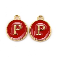 Golden Plated Alloy Enamel Charms, Cadmium Free & Lead Free, Enamelled Sequins, Flat Round with Letter, Red, Letter.P, 14x12x2mm, Hole: 1.5mm(X-ENAM-S118-03P)