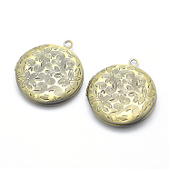 Brass Locket Pendants, Photo Frame Charms for Necklaces, Cadmium Free & Nickel Free & Lead Free, Flat Round with Flower, Brushed Antique Bronze, 31x27x5.5mm, Hole: 2mm, Inner Size: 20mm(X-KK-F717-41AB-NR)