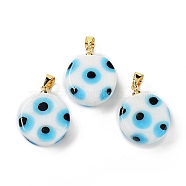 Handmade Evil Eye Lampwork Pendants, with Rack Plating Brass Findings, Long-Lasting Plated, Lead Free & Cadmium Free, Flat Round, White, 19.5x16x6mm, Hole: 4.2x3.8mm(LAMP-F030-01G-07)