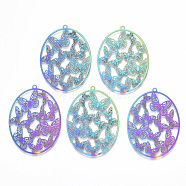 Ion Plating(IP) 201 Stainless Steel Filigree Pendants, Etched Metal Embellishments, Oval with Butterfly, Rainbow Color, 48.5x35x0.4mm, Hole: 1.6mm(X-STAS-T057-26)