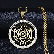 Crystal Rhinestone Flat Round with Hexgon Pendant Necklace with 304 Stainless Steel Box Chains, Golden, 22.91 inch(58.2cm)(NJEW-K253-11G)