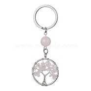 Natural Rose Quartz Chips Flat Round with Tree of Life Kcychain, with 304 Stainless Steel Findings, 8cm(KEYC-JKC00563-02)