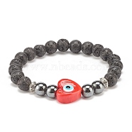 Natural Lava Rock & Synthetic Hematite Stretch Bracelet, Lampwork Heart with Evil Eye Beads Bracelet for Women, Red, Inner Diameter: 2-1/8 inch(5.4cm)(BJEW-JB08323-02)