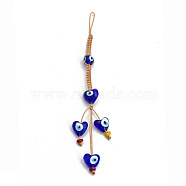 Evil Eye Glass Pendant Decorations, Tassel Hemp Rope Hanging Ornament, Royal Blue, Heart Pattern, 165mm(EVIL-PW0002-03K)