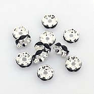 Brass Rhinestone Spacer Beads, Grade A, Black, Silver Color Plated, Nickel Free, Size: about 8mm in diameter, 3.8mm thick, hole: 1.5mm(X-RSB030NF-04)