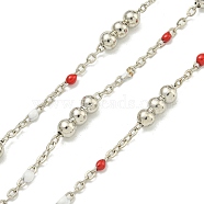 Brass Enamel Round Beaded Link Chain, Soldered, with Spool, Long-Lasting Plated, Cadmium Free & Lead Free, Platinum, FireBrick, 12x3.5mm(CHC-G022-07P-14)