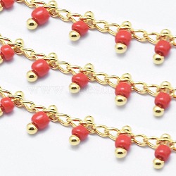 3.28 Feet Handmade Glass Beaded Chains, Soldered, Brass Chain, Golden, Long-Lasting Plated, Red, 6x2mm, Chain: about 2mm wide(X-CHC-I026-H-04G)