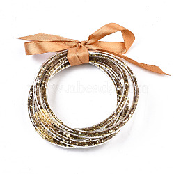 PVC Plastic Buddhist Bangle Sets, Jelly Bangles, with Paillette/Sequins and Polyester Ribbon, Goldenrod, 2-1/2 inch(6.5cm), 5pcs/set(BJEW-T008-18E)