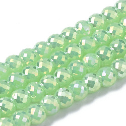 Electroplate Glass Beads Strands, AB Color Plated, Imitation Jade Glass, Faceted, Round, Light Green, 8x6mm, Hole: 1.2mm, about 80pcs/strand, 18.66~19.76 inch(47.4cm~50.2cm)(EGLA-Q125-003-B01)