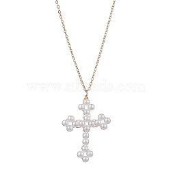 Cross Fleury Acrylic Imitation Pearl Pendant Necklaces, Iron Cable Chain Necklaces, Golden, 18.70 inch(47.5cm)(NJEW-JN04985)