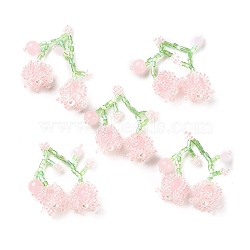 Seed & Acrylic & ABS Plastic Pearl Beaded Pendants, Cherry Charms, Pink, 30~32x33~35x12~13mm, Hole: 1.2~1.4mm(GLAA-C028-03A)