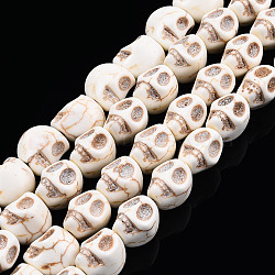 Synthetical Turquoise Beads Strands, Dyed, Skull, for Halloween, White, 12.5~13x10~11x12.5~13mm, Hole: 1.6mm, about 26~30pcs/strand, 15.16 inch(38.5cm)(TURQ-S105-13x10mm-09)