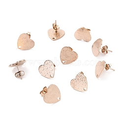Ion Plating(IP) 304 Stainless Steel Stud Earring Findings, with Ear Nuts, Textured Heart, Rose Gold, 12x13mm, Hole: 1.5mm, Pin: 0.7mm(STAS-I183-06B-RG)