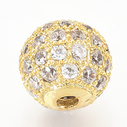 Brass Micro Pave Cubic Zirconia Beads, Round, Clear, Golden, 8mm, Hole: 1.5mm(ZIRC-Q013-8mm-142G)