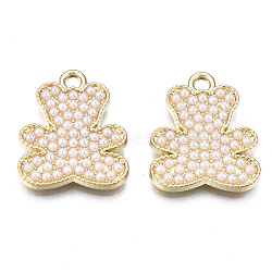 Alloy Pendants, with ABS Plastic Imitation Pearl, Lead Free & Nickel Free, Bear, White, Light Gold, 21x17x3mm, Hole: 2mm(PALLOY-T077-103LG-FF)