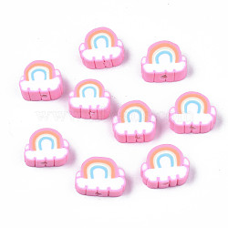 Handmade Polymer Clay Beads, Rainbow & Cloud, Pink, 8.5~10.5x10~12.5x4~5mm, Hole: 1.8mm(CLAY-T012-31G)
