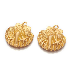 Alloy Pendants, Long-Lasting Plated, Scallop Shell Shape, Matte Gold Color, 28x25.5x4.5mm, Hole: 2.5mm(X-PALLOY-O094-02MG)