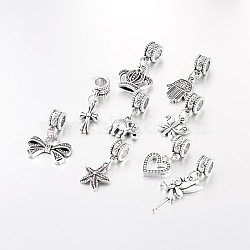 Mixed Shapes Large Hole Alloy European Dangle Charms, Antique Silver, 23.5~35mm, Hole: 5mm(MPDL-E033-01AS)