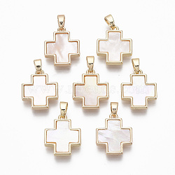 Brass Charms, with Freshwater Shell, Nickel Free, Real 18k Gold Plated, Cross, Seashell Color, 15x13x2.5mm, Hole: 2x4mm(X-KK-R134-034-NF)