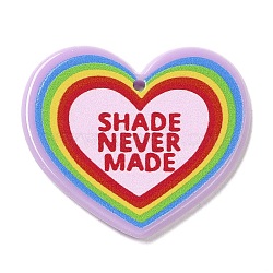 Acrylic Pendants, Heart with Word Shade Never Made, Rainbow Color Pride, Colorful, 31x35.5x2.5mm, Hole: 1.6mm(MACR-C022-03A)