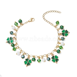 Saint Patrick's Day Glass Beaded Charm Bracelets, Alloy Enamel Clover Charm Bracelets, Golden, 7-3/8 inch(18.7cm)(BJEW-JB11183)