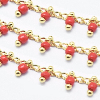 3.28 Feet Handmade Glass Beaded Chains, Soldered, Brass Chain, Golden, Long-Lasting Plated, Red, 6x2mm, Chain: about 2mm wide