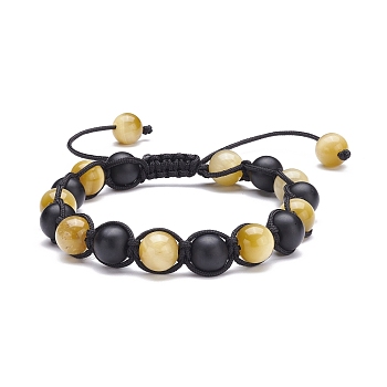 Round Stone Braided Bead Bracelets Set, Natural Tiger Eye & Synthetic Black Stone Beads Stackable Bracelets for Women, Inner Diameter: 2-1/4~3-1/2 inch(5.6~8.8cm)