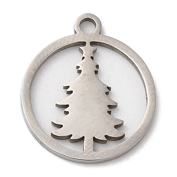 Christmas 201 Stainless Steel Pendants, Flat Round with Christmas Tree, Stainless Steel Color, 15x13x1mm, Hole: 1.5mm