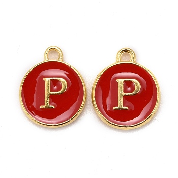 Golden Plated Alloy Enamel Charms, Cadmium Free & Lead Free, Enamelled Sequins, Flat Round with Letter, Red, Letter.P, 14x12x2mm, Hole: 1.5mm