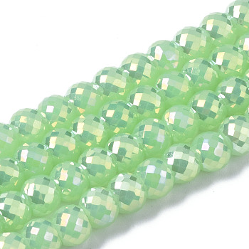 Electroplate Glass Beads Strands, AB Color Plated, Imitation Jade Glass, Faceted, Round, Light Green, 8x6mm, Hole: 1.2mm, about 80pcs/strand, 18.66~19.76 inch(47.4cm~50.2cm)