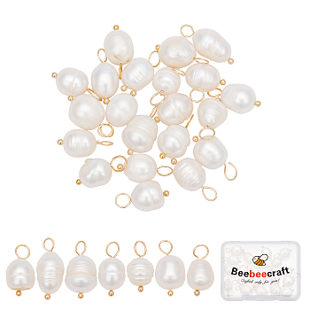 30Pcs Natural Cultured Freshwater Pearl Pendants, with Golden Tone Brass Ball Head Pins, Rice, Antique White, 16.5~17mm, Hole: 3mm