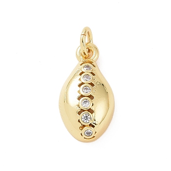 Brass Micro Pave Cubic Zirconia Charms, with Jump Ring, Cowrie Shell Shape Charm, Golden, 15x8x4mm, Hole: 2.8mm