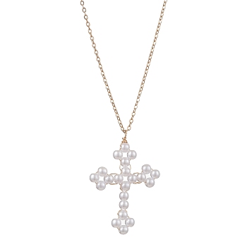 Cross Fleury Acrylic Imitation Pearl Pendant Necklaces, Iron Cable Chain Necklaces, Golden, 18.70 inch(47.5cm)