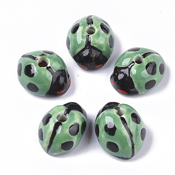 Handmade Porcelain Beads, Famille Rose Style, Ladybug, Medium Sea Green, 9~11x17~19x13~15mm, Hole: 2~2.5mm
