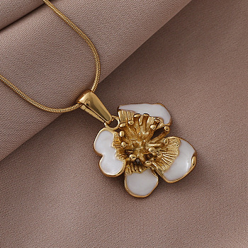 3Pcs Stainless Steel Enamel White Flower Pendant Round Snake Chain Necklaces for Women, Golden, 15.75 inch(40cm)