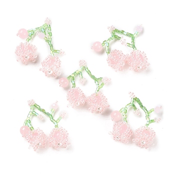 Seed & Acrylic & ABS Plastic Pearl Beaded Pendants, Cherry Charms, Pink, 30~32x33~35x12~13mm, Hole: 1.2~1.4mm