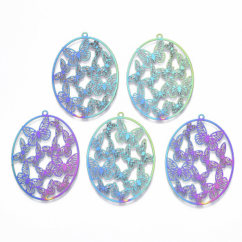 Ion Plating(IP) 201 Stainless Steel Filigree Pendants, Etched Metal Embellishments, Oval with Butterfly, Rainbow Color, 48.5x35x0.4mm, Hole: 1.6mm