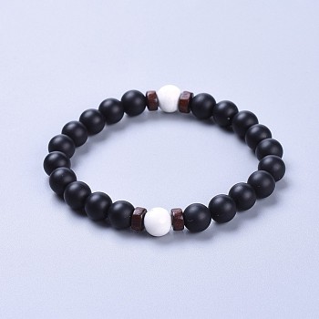 Natural Black Agate(Dyed) Bead Stretch Bracelets, with Natural Howlite Beads and Wood Beads, Frosted, 2-1/8 inch(5.5cm)
