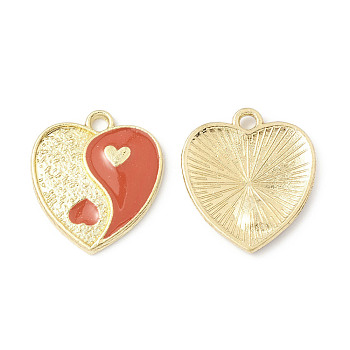 Alloy Enamel Pendants, Heart with Yin Yang Charm, Golden, Chocolate, 17x15x1.6mm, Hole: 1.8mm