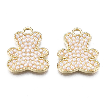 Alloy Pendants, with ABS Plastic Imitation Pearl, Lead Free & Nickel Free, Bear, White, Light Gold, 21x17x3mm, Hole: 2mm