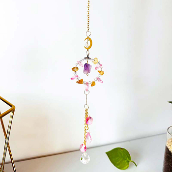 Ring Natural Rose Quartz Chip Window Hanging Suncatchers, with Glass Teardrop Charms and Metal Moon Link, 410mm