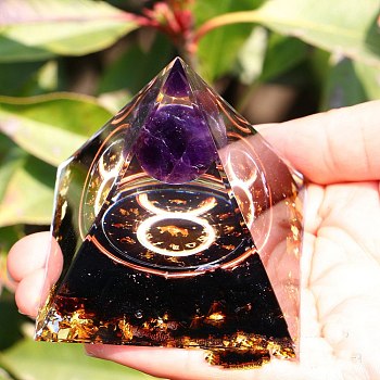 Orgonite Pyramid Resin Energy Generators, Reiki Natural Amethyst & Obsidian Chips Inside for Home Office Desk Decoration, Taurus, 50x50x50mm