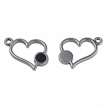 304 Stainless Steel Pendants, with Dyed Black Shell, Heart, Stainless Steel Color, 15x17x2mm, Hole: 1.6mm